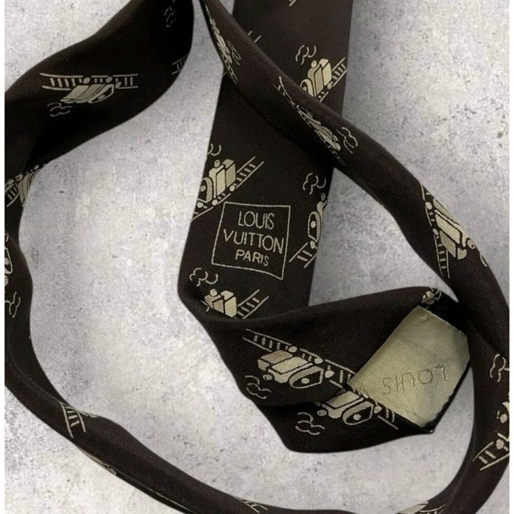 LOUIS VUITTON VINTAGE RARE Silk Tie ITALY Brown Beige Train Logo LV W:3.5" EUC - Picture 3 of 5